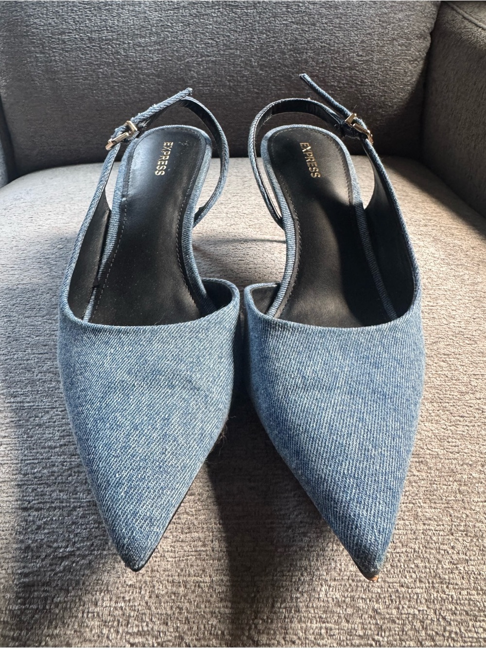 Express Denim 2” Slingback Pumps with Gold Heel - Picture 2 of 11